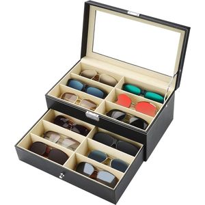 Lockable Sunglasses Display Organiser Box – 2 Layer and 12 Compartments - Sunglasses Storage with Lock and Key - Black Sunglasses Case