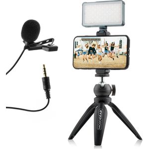 MOJOGEAR Video KIT / vlog set - Mini-statief + telefoonhouder + microfoon + videolamp - Tot 20 cm hoog - Horizontaal en verticaal filmen - Zwart