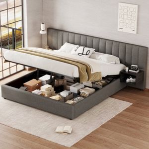 Gestoffeerd bed 180 x 200 cm, hydraulisch breed oorbed met twee nachtkastjes met opbergruimte, geschikt voor volwassenen en tieners, houten lattenbodem, eenvoudige montage, linnen, grijs