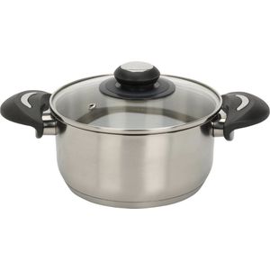 Roestvrijstalen kookpan met glazen deksel, 2,1 l / 18 x 14 cm, universele kookpan met handgrepen, pan voor pasta, soepen, sauzen, aardappelen voor alle warmtebronnen, vaatwasmachinebestendig