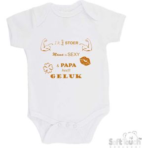 100% katoenen Romper ""Ik ben stoer Mama is sexy & Papa heeft geluk"" Unisex Katoen Wit/tan Maat 62/68