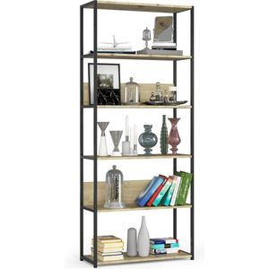 Boekenkast met 6 Planken, 80 cm Breed, Industrie/Loft Stijl, Open Skeleton Constructie, Staande Plank, Hout/Metaal voor Keuken, Slaapkamer, Kantoor, Metalen Frame Plank, Zwart/Artisach Eiken