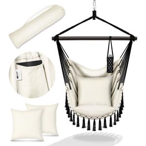 Tillvex hangstoel -beige/zwart- met 2 kussens- -hangende schommel-bekerhouder