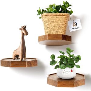 Wall shelf wood - floating shelf wall shelf octagonal - wall shelf small - shelves wall shelves - decorative plant rack wooden rack - wall shelf hanging shelf - set of 3 - brown (diameter Ø15 cm)