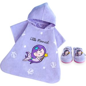 Milk&Moo Little Mermaid Badponcho Set voor Kinderen - met Kinder Pantoffels - Badcape met Capuchon & Kindersloffen - 4-5 jaar - Paars
