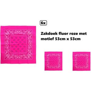 6x Zakdoek fluor roze met motief 53cm x 53cm - - zakdoek bandana boeren carnaval feest sjaal festival themafeest