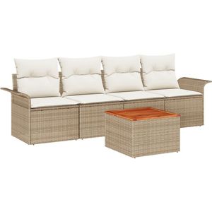 vidaXL - 5-delige - Tuin - Sofa - Set - met - Kussens - Beige - Poly - Rattan - Acacia