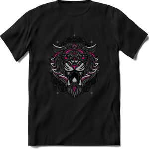 Tijger - Dieren Mandala T-Shirt | Roze | Grappig Verjaardag Zentangle Dierenkop Cadeau Shirt | Dames - Heren - Unisex | Wildlife Tshirt Kleding Kado | - Zwart - XL