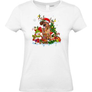 Dames t-shirt Kerst Teckel | Foute Kersttrui Dames Heren | Kerstcadeau | Kerstpakket | Wit (Dames) | maat M