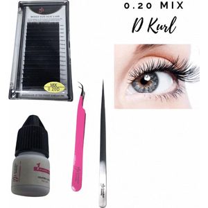 Wimperextensions D curl dikte 0,20 mm mixed tray lengte 8 t/m 15 mm 16 rijen