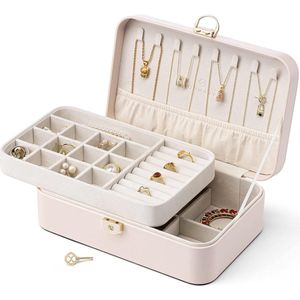 Sieradendoosje dubbellaags voor meisjes en dames - afsluitbaar sieradenkistje - sieradenopbergdoos voor ringen, oorbellen, armbanden, halskettingen - sieradenkoffer