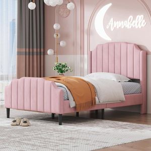 Gestoffeerd Kinderbed 90 x 200 cm met Hoofdeinde - Roze Fluwelen Bed voor Tieners en Logeren