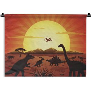 Wandkleed Dinosaurus illustratie - Een illustratie van dinosaurussen in de zonsondergang Wandkleed katoen 180x135 cm - Wandtapijt met foto