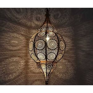 LM-Collection Oriëntaalse filigrain Hanglamp - Ø22 x 48 cm - E14 - Wit/Goud - Metaal - hanglampen eetkamer, hanglamp zwart, hanglampen woonkamer, hanglamp slaapkamer, hanglamp kinderkamer, hanglamp rotan, hanglamp hout