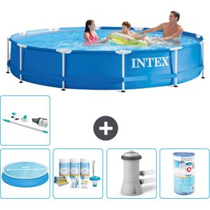 Intex Rond Frame Zwembad - 366 x 76 cm - Blauw - Inclusief Solarzeil - Onderhoudspakket - Zwembadfilterpomp - Filter - Stofzuiger