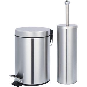Vuilnisbak - Prullenbak - Toiletborstel - badkamer set - Pedaalemmer 3L – zilver – toilet – badkamer – RVS