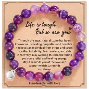 Bixorp Gems Heide Agaat Armband op Cadeau Kaartje - ""Life is Tough but so are You!"" - Met Zilverkleurig Hartje Hanger - Edelsteen Kralenarmband met 8mm Kralen - 18cm