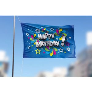 Blauwe Happy Birthday Vlag 200x300cm