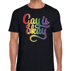 Gay is okay gaypride t-shirt -  zwart shirt met regenboog tekst voor heren - Gay pride M