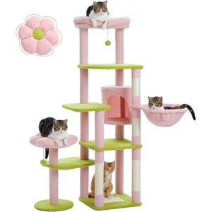 150 cm cactus krabpaal, hoge krabpaal voor grote kat, kattentoren met meerdere verdiepingen, krabpaal voor huiskatten, kattenwoning met grote hangmat, krabpaal en 2 zitstangen, groen roze