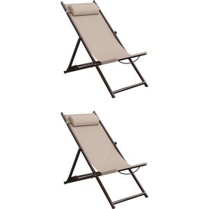 NATERIAAL - Set van 2 ligstoelen CRUZ - 2 x tuinligstoel - Opvouwbaar - Verstelbaar - Ligstoel - Strandstoel - Staal - Aluminium - Textilene - Moka