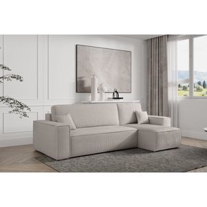 Hoekbank met opbergruimte Frenkie - Creme - Ribstof Velvet - Zetel - Slaapbank - Universeel - Links of Rechts - Hoekzetel - Chaise longue - Zetel met slaapgedeelte - 3 zits