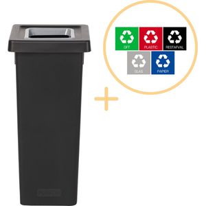 Plafor Fit Bin, Prullenbak voor afvalscheiding - 53L – Zwart/Grijs - Inclusief 5-delige Stickerset - Afvalbak voor gemakkelijk Afval Scheiden en Recycling - Afvalemmer - Vuilnisbak voor Huishouden, Keuken en Kantoor - Afvalbakken - Recyclen