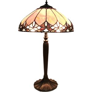 LumiLamp Tiffany Tafellamp Ø 39x63 cm Beige Bruin Glas Kunststof Rond Tiffany Bureaulamp