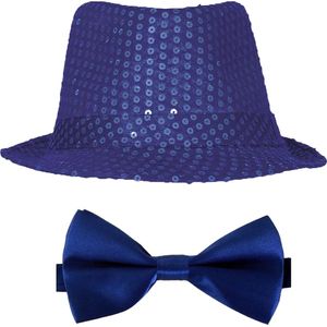 Toppers in concert - Carnaval verkleed set compleet - hoedje en vlinderstrikje - blauw - heren/dames - glimmend - verkleedkleding
