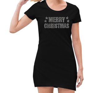 Glitter kerst jurkje zwart Merry Christmas glitter steentjes/ rhinestones voor dames - Glitter kerst jurk/ outfit L