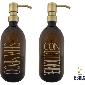 BBBLS Design Dispenser Giftset ""Shampoo Conditioner"" | Transparant Kunststof | 500ml | RVS / Metaal Pomp Goud | Zeeppomp | Zeepdispenser | Zeephouder