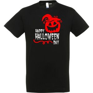 T-shirt Happy Halloween Day | Halloween kostuum kind dames heren | verkleedkleren meisje jongen | Zwart | maat M