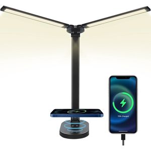 Nexino® Bureaulamp Led - Leeslamp Staand - Nachtlamp - Leeslampje voor Boek - Wireless Charger - Draadloze Oplader - Dimbaar - Desk Lamp - 2 Armen