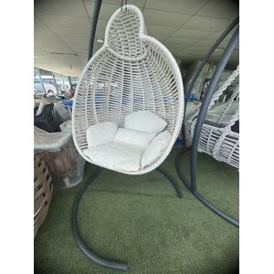 SittySeats Hangstoel Eivormig met standaard en kussens BEIGE & WIT - Swing chair voor Binnen en Buiten - Weerbestendig - Hammock stoel - Tuinhangstoel - Hangende egg chair - Schommelstoel - Balkon hangstoel