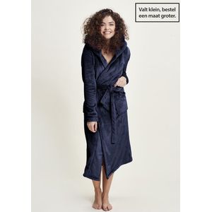 Charlie Choe badjas dames - 100 % zacht fleece - lang model - dames badjas met capuchon - trendy ochtendjas - blauw - maat S