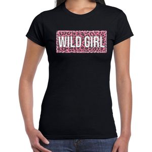 Wild girl fun t-shirt met panterprint - zwart - dames - fout fun tekst shirt / outfit / kleding M