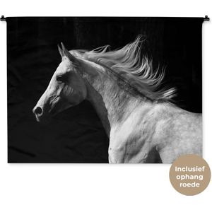 Wandkleed Dieren - Portret van een wit paard op een zwarte achtergrond Wandkleed katoen 120x90 cm - Wandtapijt met foto