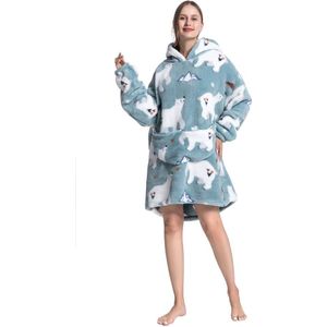 Ijsbeer fleece deken met mouwen en capuchon – fleece hoodie – fleece kleed met capuchon en mouwen – maat XS t/m XL – TV plaid met mouwen - 90 cm - chillen – relax outfit - grijs/blauw - Badrock