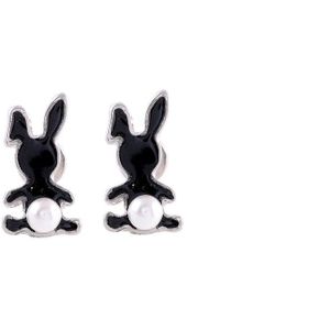 Behave Oorbellen voor kinderen - kinderoorbellen - met konijntjes - zwart - zilver kleur- parel - oorknoppen konijn - kind - 1.2 cm