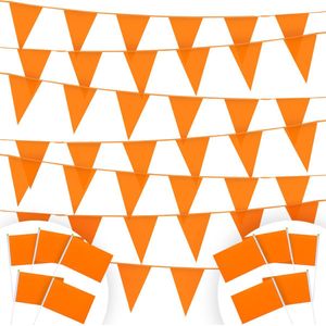Fissaly 100 Meter Oranje Vlaggenlijn – 10 Slingers van 10 Meter - Koningsdag - Vlaggen – Incl. 10 Zwaaivlaggetjes Nederland – Plastic Vlaggetjes