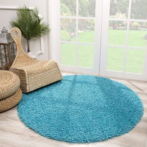 Tapijtenloods Loca Shaggy Rond Vloerkleed Turquoise Hoogpolig- 80 CM ROND