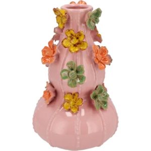 Supervintage roze aardewerk vaas met bloemen bubbels 17 x 26 cm Medium