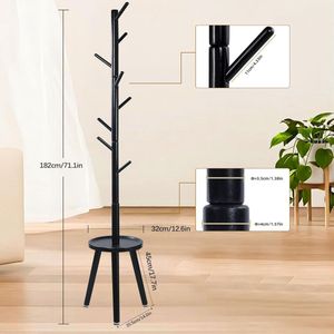 Kledingrek voor de vloer - moderne kledingstandaard met plank - jasboom voor kleding hoeden - kleerhangers van hout - 355 x 355 x 182 cm - zwart - stijlvol - ruimtebesparend