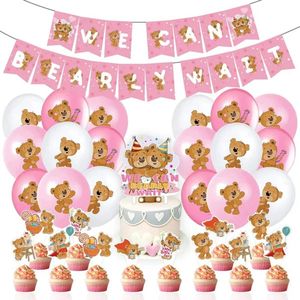 32-delige set We Can Bearly Wait roze met slingers, ballonnen, taart en cupcake toppers - babyshower - beer - bear - slinger - ballon - cupcake topper - taart