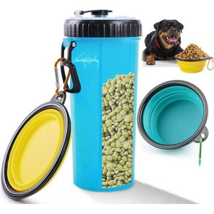 Hondenwaterfles met 2 vouwschotels, voerreservoir 2-in-1 voor de watervoorziening van huisdieren, draagbare waterkommen voor honden, voor wandelen & reizen (blauw & geel)