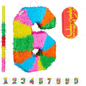 Relaxdays 3-delige pinata set - verjaardag - getallen pinata - cijfer 6 - stok - blinddoek