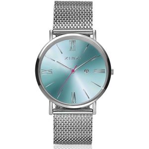 ZINZI Roman horloge blauw-groen gekleurde wijzerplaat, stalen kast stalen mesh band 34mm extra dun ZIW511M