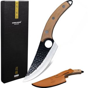 Shinrai Japan - Japans Koksmes 15 cm - Japanse Messen - Universeel bruin mes met leren hoes - Hammered RVS - Met Luxe Geschenkdoos