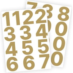 Cijfer stickers / Plaknummers - Stickervellen Set - Metallic Goud - 6cm hoog - Geschikt voor binnen en buiten - Standaard lettertype - Glans