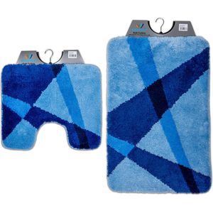 Wicotex - Badmat set met Toiletmat - WC mat met uitsparing Blauw gestreept - Antislip onderkant